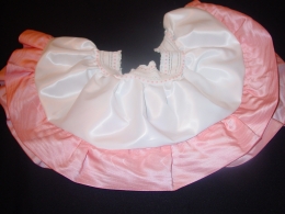  White Satin Twirly Skirt Pink Brocade Trim